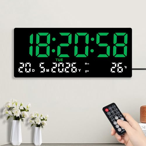 Jonuin Large Digital Wall Clock, 15.5LED Digital Wall Clock Powered by Cord with Remote Control, Seconds, Date, Week, Temperature, 2 Alarms, Wall & Desk Clock for Living Room, Kitchen, Garage (Green)