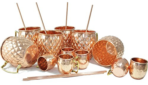 Rastogi Handicrafts Diamond Cut Copper Beer,Wine,Vodka Mug (Capacity 16.90 oz) with Copper Shot Mug (Capacity - 2 oz pr Glass) and Copper Straw, Set of 4