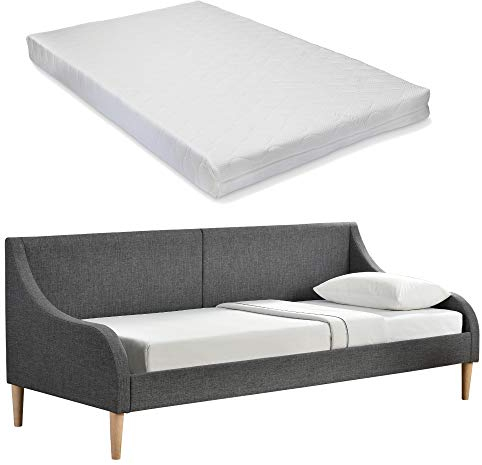 [en.hem/Bäddsoffa i mörkgrå tyg - med trä effekt ben - 200cm x 90 cm - med madrass