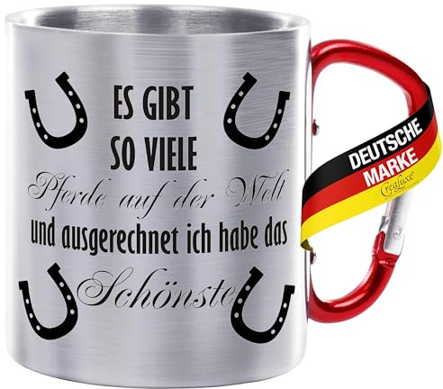 CreaLuxe Edelstahltasse mit Karabiner - Es gibt so viele Pferde auf der Welt und ausgerechet ich habe das Schönste - 330ml, Tasse bedruckt, Kaffeetasse, Bürotasse, Metalltasse, Reitzubehör