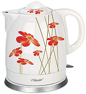 Maestro MR066 elektrisk keramikpanna, vattenkokare, keramik, blomdesign, 1,5 l (vit/röd)