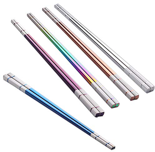Choary bacchette multicolore in acciaio inox, riutilizzabili tradizionali bacchette in metallo quadrato per cibo in stile cinese/Janpanese (5 paia)