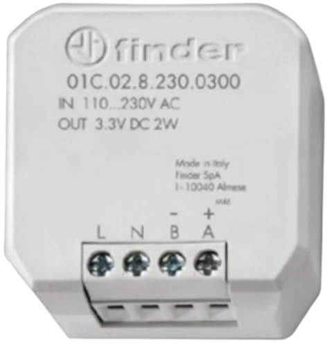 Finder Alimentatore Tipo 01C.02.8.230.0300 per Cronotermostato BLISS WiFi 1C.91 e Tipo 1C.61 next. Alternativa all'alimentazione a batterie. Potenza nominale 2 W. Tensione alimentazione 110…230 V AC