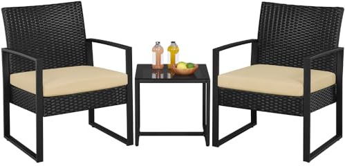 Yaheetech Salon de Jardin Exterieur 2 Fauteuils et 1 Table Basse en Poly Rotin et Métal Mobilier Fauteuils de Jardin pour Balcon/Bar/Bureau Noir/Kaki