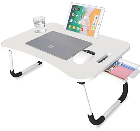 unycos - Bricka för Säng, Hopfällbart Frukostbord, Multifunktionell, Idealisk för Närbar Dator, Dator och Böcker, Ergonomisk, Sidobord för Läsning i Sängen, 60x40x26 cm (Benvit med Låda)