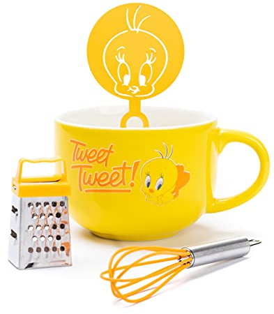 Looney Tunes Mug and Stencil Accessories Set | Tweety Cappuccino Cup | Coffee Barista Birthday Gifts | White Ceramic Homeware One Size