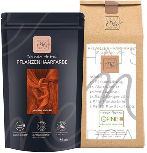Thats me Organic® Profi Pflanzenhaarfarbe + Zubehörset (cool pure henna red) – Bio Haarfarbe ohne Chemie – Haarfarbe für gesundes Haarefärben auch während Schwangerschaft und Stillzeit