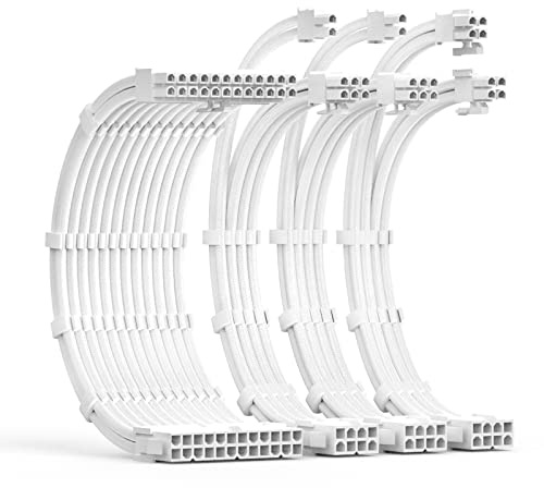 ABNO1 Kit d'extension de câble d'alimentation 30 cm de long avec peignes de câble 1 x 24 broches/1 x 8 broches (4 + 4) EPS/2 x 8 broches (6P + 2P) PCI-E/PC Câble gainé pour alimentation ATX (blanc)