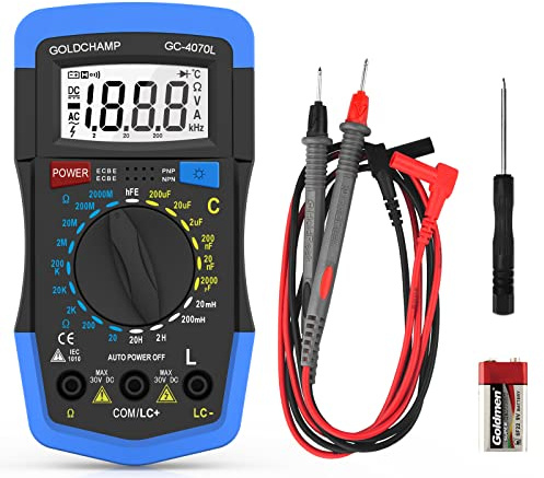 GOLDCHAMP 2000pF~200μF Capacitor Tester, 20Ω~2000MΩ Ohm Meter, Capacitance Meter, hFE Test Multimeter, Manual Range, Back Light, Auto Power Off, Testing Meter Tool