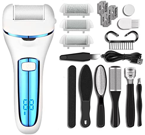 Layhou Rapeuse Pieds Electrique, Rapeuse Pieds, Rappe Pieds Pédicure Portables LED Rechargeable, IPX7 Etanche, avec Eclairage avec 3 Rouleaux et 10 Rape Pieds, Cadeau Homme, Cadeau Femme