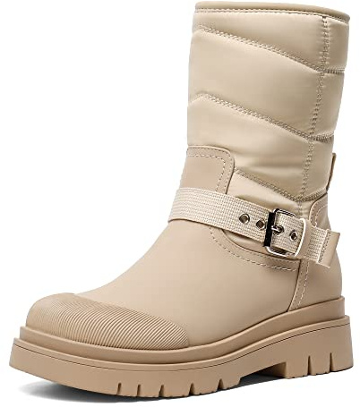 DREAM PAIRS Damen Schneestiefel | Glattes PU Dicke Sohle mit Riemchenbesatz am RistOlivgrün