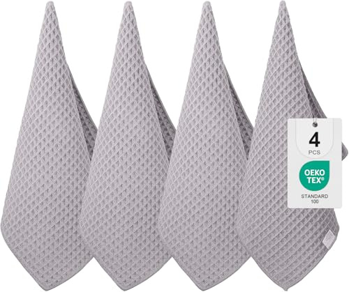 Moosfor Microfasertücher 4er-Set 40 x 70 cm Geschirrtücher Grau | Dicke saugfähige, Fusselfrei Küchentücher Trocknen Geschirr und Theken Schnell, Geeignet für Küche, Barista Tuch, Haushalt