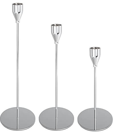Ideen mit Herz Kerzenhalter für Stabkerzen | Kerzenständer in 23 cm, 28 cm und 33 cm Höhe | Fuß Ø 10cm | 3 Stück (Silber)