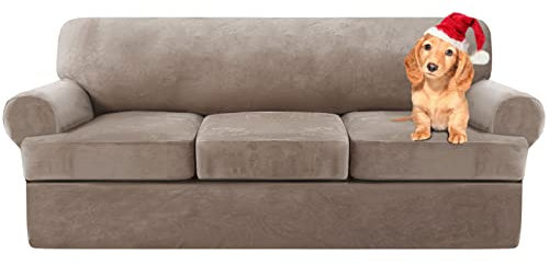 Sofa Cover,T Cushion Sofa Cover Velvet Non-Slip T Cushion 1/2/3 Seater Couch Cover with Individual T Cushion Seat Cover with Elastic Bands Furniture Slipcovers Protector (Taupe,3 Seater-4Pieces)