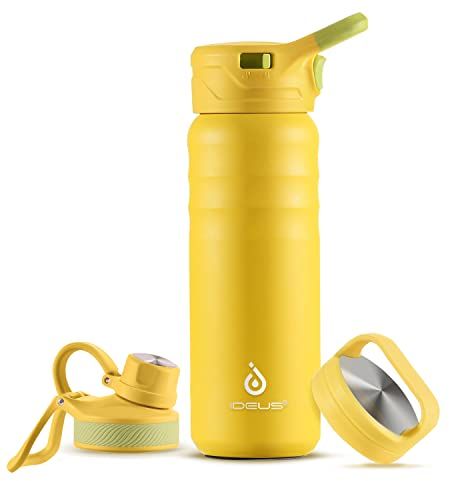 IDEUS Vakuumisolierte Wasserflasche, 24oz (710 ml) Edelstahl Doppelwand Flasche Metall Sport Kantine mit auslaufsicherem Schraubverschluss (Gelb)
