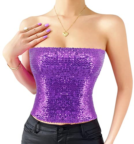 Naimo Damen Glitzer Pailletten Crop Top Ärmellos Schulterfreies Top Sexy Trägerlos Tube Top Bandeau Bustier Rave Oberteil