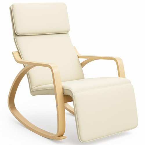 BAKAJI Schaukelstuhl, mit Armlehnen aus Birkenholz, Schaukelsessel, 5-stufig verstellbare Fußstütze, Relaxstuhl, bis 150 kg belastbar, Wohnzimmer, Schlafzimmer, Beige