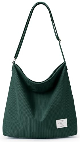KALIDI Cord Tasche Umhängetasche mit Reißverschluss Wasserdicht Shopper Damen Große Cord Umhängetasche Tote Bag Crossbody Schultertasche Handtasche für Arbeit Büro Reise Einkauf, Weihnachtsgrün