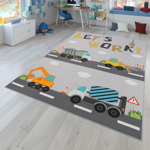 TT Home Kinderzimmerteppich Teppich Junge Mädchen Kinderteppich Baby rutschfest Straße, Farbe:Grau Gelb Creme, Größe:160x220 cm