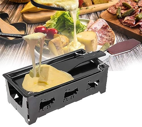 FURLOU Mini Set per Raclette, Formaggio per Raclette Antiaderente, Rotatore per Raclette per Formaggio con Spatola, con Manico Pieghevole Teglia per Forno per Raclette, per Cene, Antipasti Black