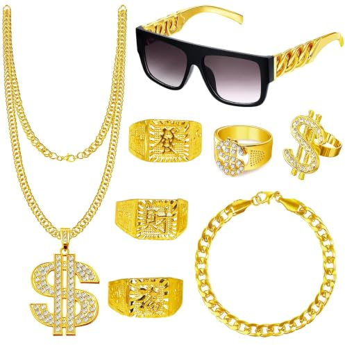 Goenb 8 Piece Pimp Costume, Anni '80 '90 Accessori per Rapper Catena d'oro Uomo Gangster Gang Occhiali da sole Catena di dollari d'oro Anelli Hanzi Per Carnevale Fasching Mottoparty