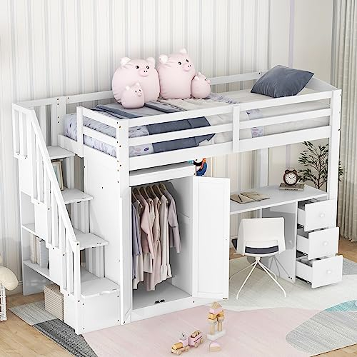 Hochbett 90x200 cm, Kinderbett mit Kleiderschrank und Schreibtisch, Treppe und Schubladen, Kinderbetten Funktionsbett aus Holz mit Rausfallschutz, Etagenbett Stockbett Jugendhochbett, ohne Matratze