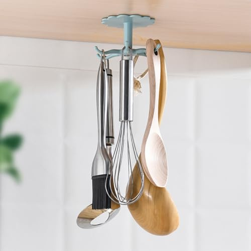 NUZAMAS 2 Pcs Utensil Holder Hooks 360° Rotating Folding Hanging Racks Wall Mounted Kitchen Hanger Oganiser Self Adhesive Under Cabinet Tools for Kitchen Bathroom