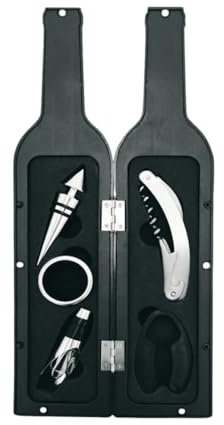 Kit 5 Accessoires pour le vin - Venteo - Forme de bouteille - Dégustation de vin - Bec Verseur - Bouchon - Anneau anti-gouttes - Tirebouchon - Coupe capsule