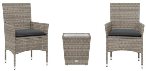 vidaXL Bistroset 3-TLG., Balkonset mit Kissen, Sitzgruppe für Garten Terrasse Balkon, Balkonmöbel Gartenmöbel Tisch 2 Stühle, Grau Poly Rattan Glas
