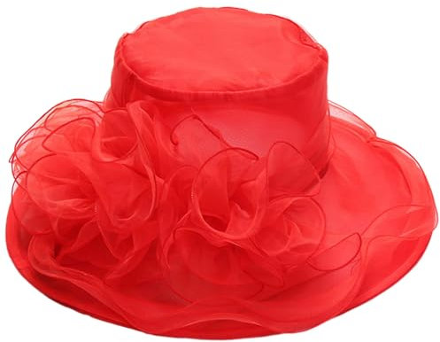 Reyox Damen Fascinator Hut Organza Rüschen Blumen Sonnenhut für Hochzeit Ascot Karneval Tee Party Rot