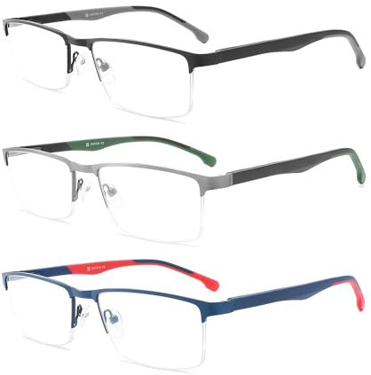 MODFANS Un Pack de 3 Gafas de Lectura Hombres Mujeres Anti Luz Azul,Rectangular Metal Acero Inoxidable - Lente Clara,Vision Clara - Ligeras Comodas,Colores Mezclados