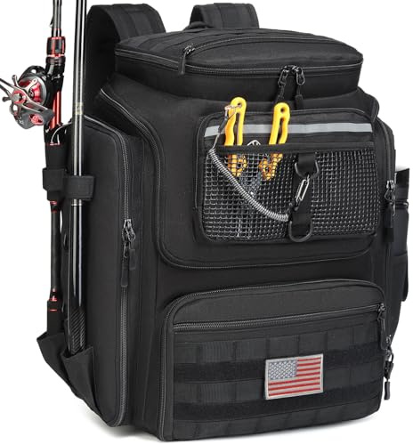HAMBOLY Angelrucksack 45 l mit Rutenhaltern, wasserabweisender Angelrucksack für Angler, große Kapazität, Angelausrüstungstasche für Reisen, Wandern, Camping