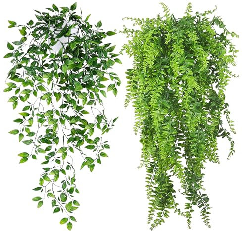 INSANYJ Artificial Ivy Plant with Pot, Fake Hanging Plants Indoor Outdoor, Faux Trailing Greenery for Wall Bedroom Shelf Table Patio Decor (1+1 Green Fake Plants)