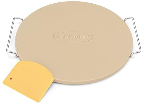 Unicook 30.5 cm Round Pizza Stone for Oven and Grill, Cordierite Bread Baking Stone, Baking Crispy Pizzas, Bread and Cookies, Includes Carry Rack and Dough Scraper