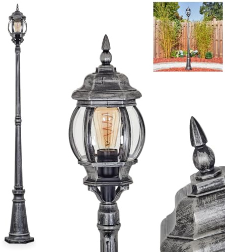HOFSTEIN Kandelaber Lentua, Außenwegeleuchte aus Metall/Kunststoff in Schwarz/Silberfarben/Klar, Wegeleuchte im Vintage/Antik/Landhaus-Design für Garten, Außenbereich, Hof, Höhe 205 cm, 1 x E27, IP44