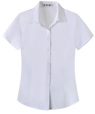 Womens Work Short Sleeve Blouse Shirts Ladies Formal Office Premium Shirts Cotton Reverse Collar Button Down Blouse Plain Easy Care Non-Iron Slim Fit Workwear White XXL