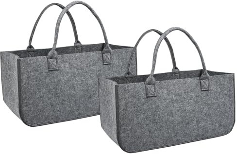 Eldzenith 2 Stück Filztasche groß Kaminholztasche Faltbar Filzkorb Kaminholzkorb Einkaufstasche Tragbarer Filztaschen Shopper holzkorb für kaminholz Zeitungen Holz, 50 x 25 x 25 cm, Hellgrau