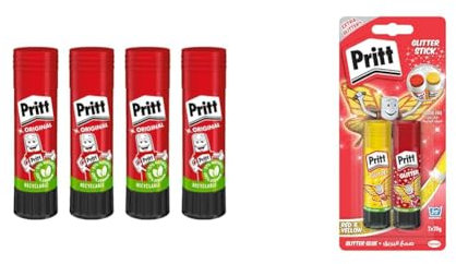 Bundle aus Pritt Klebestift 22g (4er-Pack) + 2 Glitter Klebestifte (Rot & Gelb, 20g), kinderfreundlicher Kleber für Kunst, Basteln, Schule & Büro