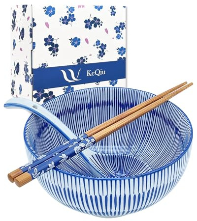 KeQiu 28Oz Ceramic Ramen Noodle Pho Bowl Set with Chopstick Spoon Gift Box | Lead & Cd Free, Food Safe, Microwave/Oven/Dishwasher Safe, Matching Pattern Set, Foam Packed, Ideal All-Occasion Gift