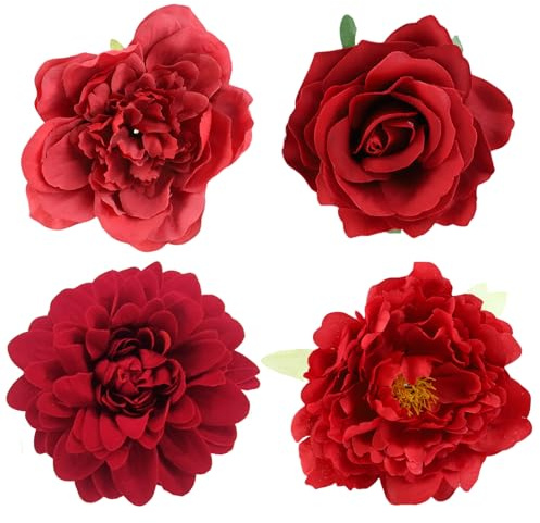RoxNvm Blumen Haarklammer, 4 Stück Rot Haarklammer Blume, Große Ansteckblume, Haarspange Blume, Haarklammern Blumens, Flower Hair Clip für Mädchen Verwendet Werden