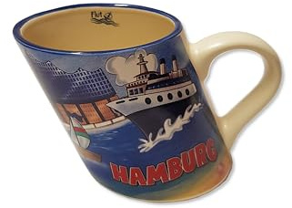 Generisch Hamburg Souvenir Kaffeetasse, Schräges Design mit Hafenmotiv, Keramik, Blau