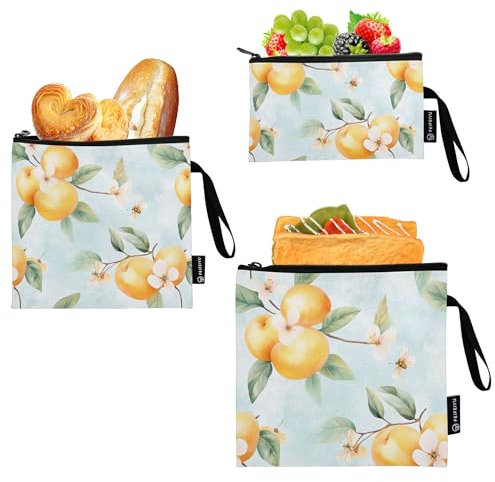 Wudan Simpatici sacchetti per snack riutilizzabili con frutta albicocca, confezione da 3 sacchetti per alimenti, per caramelle, frutta, cereali, organizzazione della casa
