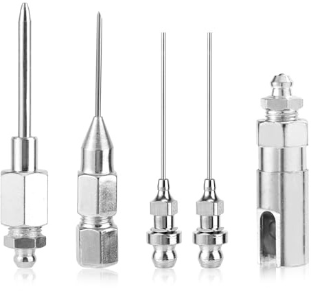 Tinoaly Kit de 5 Pointes d'Aiguille pour Pistolet à Graisse, Distributeur d'Aiguilles Graisse Outil de Montage d'Injecteur en Acier Trempé pour Espaces Étroits et Trous Profonds dans Le Métal