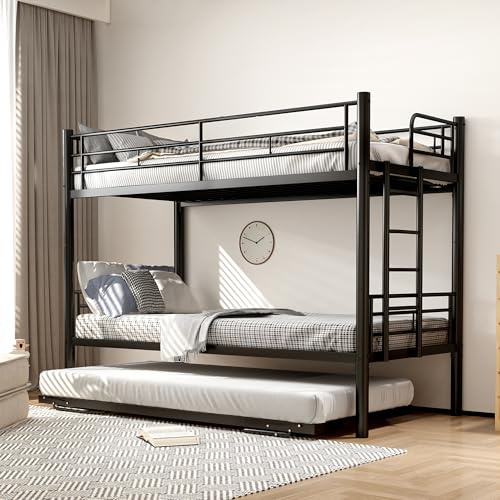 AlpineAura Våningssäng 90 x 200 med utdragbar säng och 4 sidogaller, våningssäng för 3 personer, våningssäng, metallsäng, kan omvandlas till tre enkelsängar, svart, utan madrass (våningssäng med