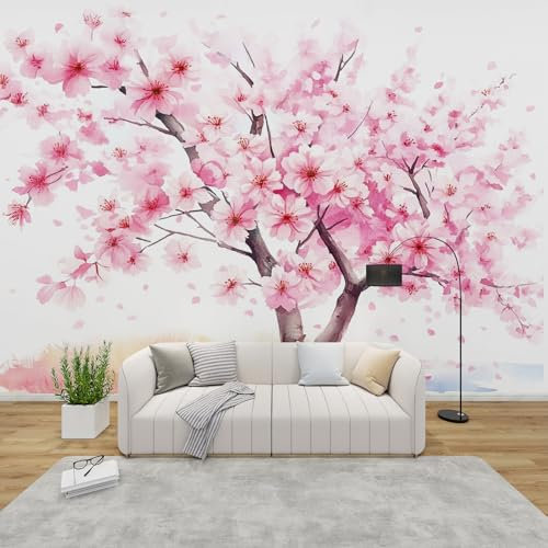 GEDAEUBA Papier Peint Panoramique Fleur de Cerisier Japonais, Papier Peint Intissé Motif Fleurs Rose, Tapisserie Panoramique Salon, Décoration Murale Chambre, 450x315 cm