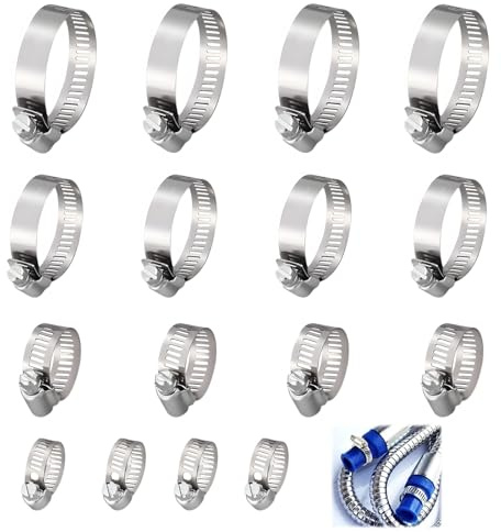 16 Pcs Hose Clips Set, 4 Size Stainless Steel Adjustable Tightening Pipe Clips, Worm Drive Flexible Garden Hose Clamps Assorted for Securing Connections Home Gas Water Vent Drain Pipe 16/25/32/44mm