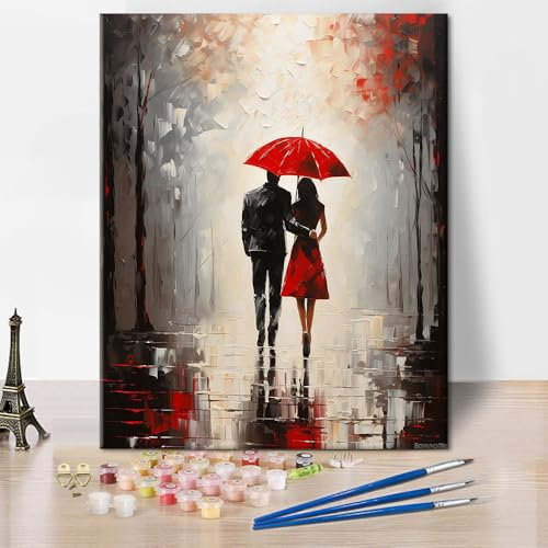 TISHIRON Paint by Numbers for Adults, Adult Paint by Number Kits - Romantic Couple Walking in Rain Under Umbrella, Serene Rainy Street Scene Painting Kit for Beginners, 16x20 Inch