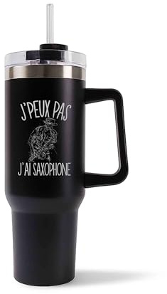 Planetee Mug Isotherme 1,2L - Je peux pas saxophone Noir – Bouteille avec Anse, Paille et Couvercle – Idée Cadeau Gourde Personnalisée