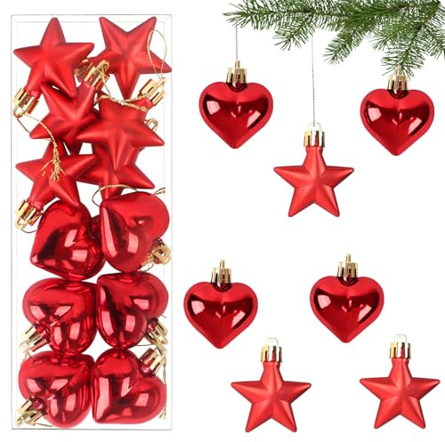 12er Weihnachtskugeln Sterne & Herz Set,Christbaumanhänger Rot Weihnachtsbaumschmuck Bruchsicher,Kunststoff Christbaumkugeln Ø 5 cm Christbaumschmuck