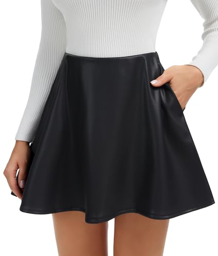 SHAPERIN Jupe en Cuir Femme Jupes avec Short Intégré Mini Jupe Trapèze A-Ligne avec Poches Noir XL